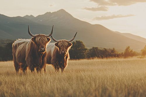 Schotse Hooglanders bij zonsondergang