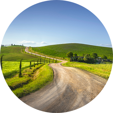 Route van de via francigena. Kronkelende weg. Toscane