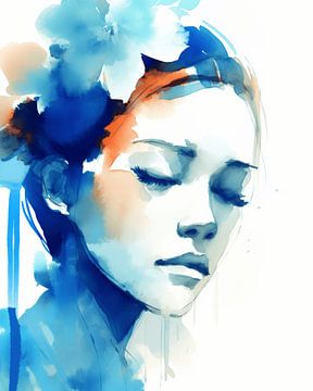 Modernes Porträt einer jungen Frau in Blau von Carla Van Iersel