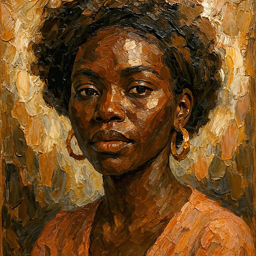 Kraftvolles Porträt einer afrikanischen Frau (dunkler Teint, Ohrringe, Afro, dicke Farbe, Malerei)