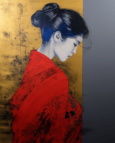 Portret van een Geisha in rood en goud.