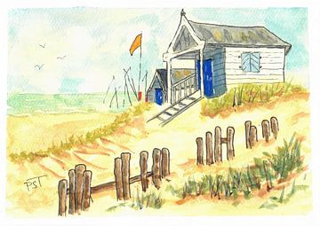 Aquarel van een strandhuis op een zomerse dag. van Peter Starrenburg