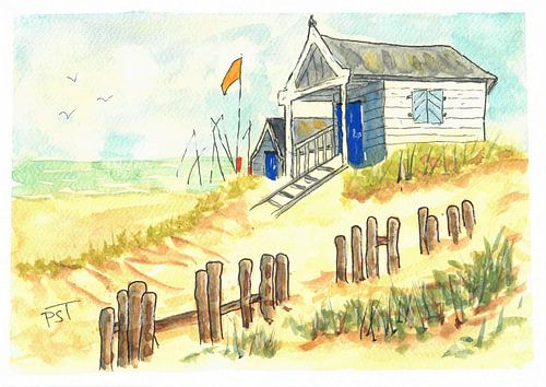 Watercolour of a beach house on a summer day.