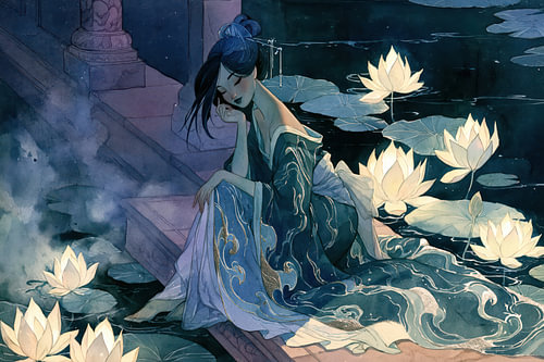 „Serene Lotusdroom“ – Japanische Eleganz in tiefem Indigo