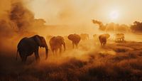 Elephants at sunset dusk panorama by TheXclusive Art thumbnail