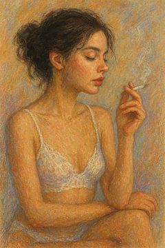 Illustration d'une belle femme en lingerie blanche. sur Galerie Hoppenbrouwers