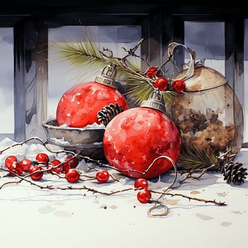 Still life Christmas decoration red baubles cones berries