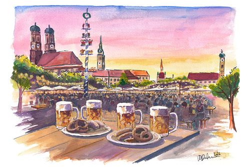 München Viktualienmarkt Biergarten Gemütlichkeit Reisekunst mit historischer Skyline von Markus Bleichner