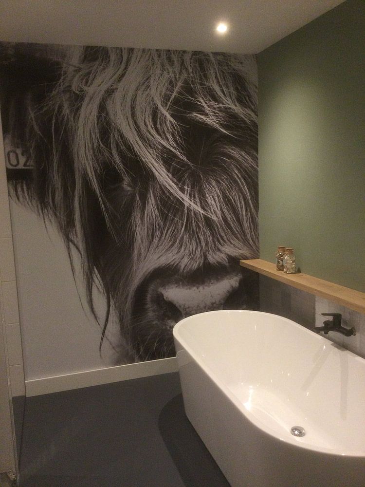 Portret Schotse Hooglander zwart-wit, van Sandra van Kampen