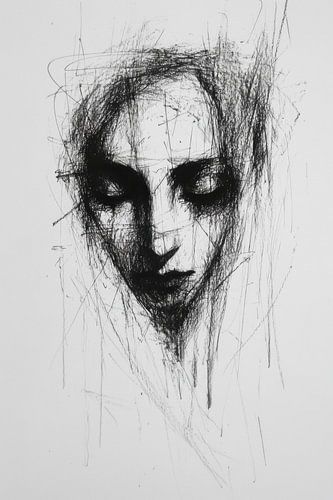 vrouwen gezicht in houtskool