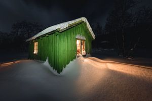 Grüne Holzhütte im Schnee von Martijn Smeets