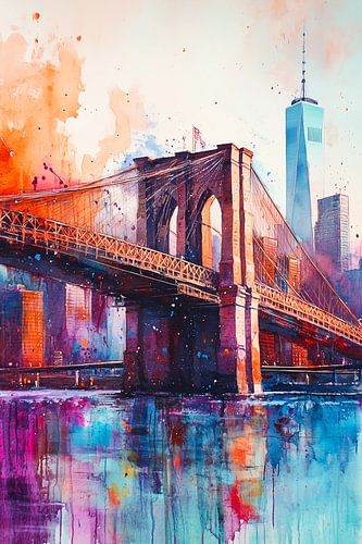 Brooklyn Bridge in Watercolour with Manhattan Skyline