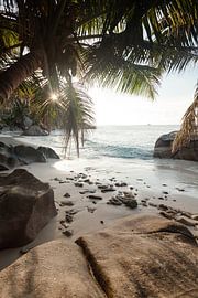 Paradijselijke baai bij zonsondergang op de Seychellen - La Dique Eiland van Jiri Viehmann