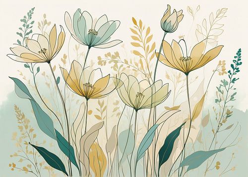Elegante illustratie van botanische bloemen in pastelkleuren met minimalistische bladeren van hisam colours