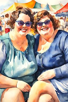 2 dames sociables avec des lunettes de soleil à la fête foraine sur De gezellige Dames