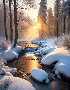 Ruisseau dans la forêt hivernale au lever du soleil