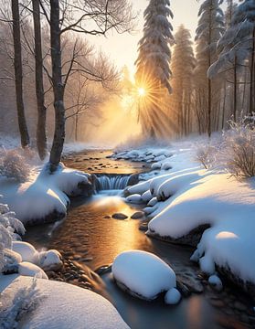 Ruisseau dans la forêt hivernale au lever du soleil sur Tilo Grellmann