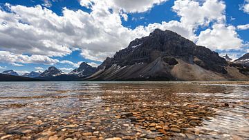 Glacier lake and snow-capped mountains and cloudy sky
