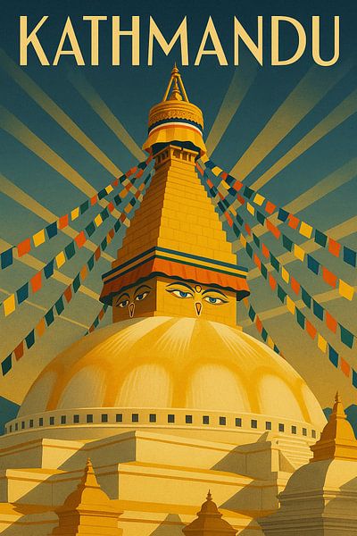 Kathmandu Ewige Stupa - Art Deco Himalaya Poster von Travel Shop