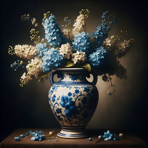 Still life; Delft blue vase with white and blue flowers