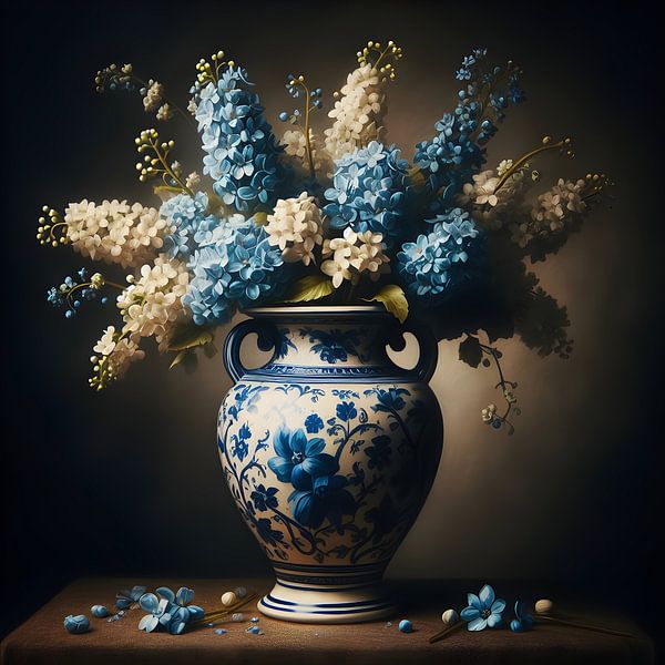 Stilleven; Delftsblauwe vaas met witte en blauwe bloemen van Jessica Berendsen