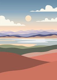 Minimalist flat vector illustration of layered hills, a calm lake, and distant mountains at sunset. by Adam Khabibi