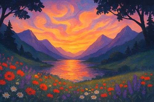 Paysage fleuri du crépuscule