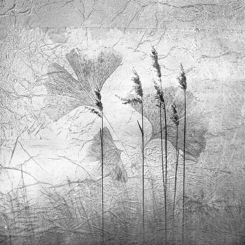 Nevel op het meer met riet en ginkgo. Wabi-Sabi.