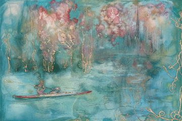 Impressionisme, roze en turquoise, roeiboot van Joriali Abstract