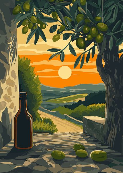 Mediterraan landschap met olijfboom bij zonsondergang van Pixelbull Design