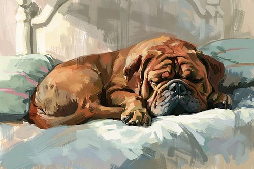 Peinture chien endormi sur lit confortable