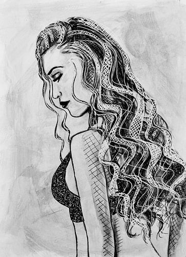 Dessin au stylo d'une femme en pensées noir et blanc