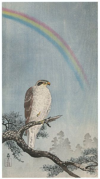 Ohara Koson - Regenboog, dennenboom en havik (bewerkt) van Peter Balan
