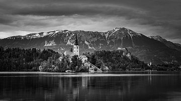 Lake Bled in black and white