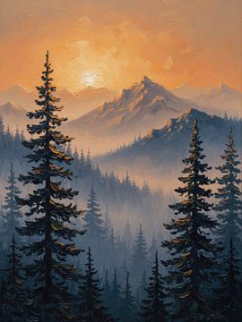 Ätherisches Alpenglühen: Eine Studie über Licht und Schatten in der nebligen, immergrünen Wildnis von Artistic