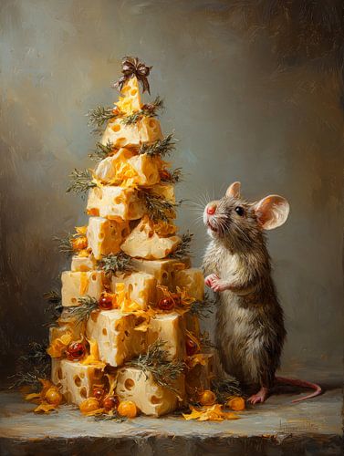 Table de Noël remplie de fromage - une souris d'humeur festive
