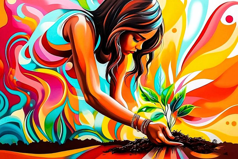 Bunte Frau mit Setzling von Imperial Art House