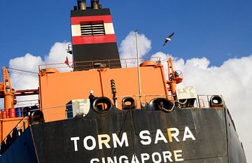 Vrachtschip Torm Sara uit Singapore in de sluizen van IJmuiden vaart richting Amsterdam van Reinder Weidijk