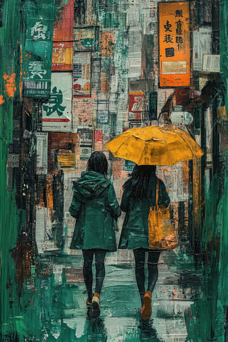 Tokyo Rain – Dreamy Painting: Green and Orange