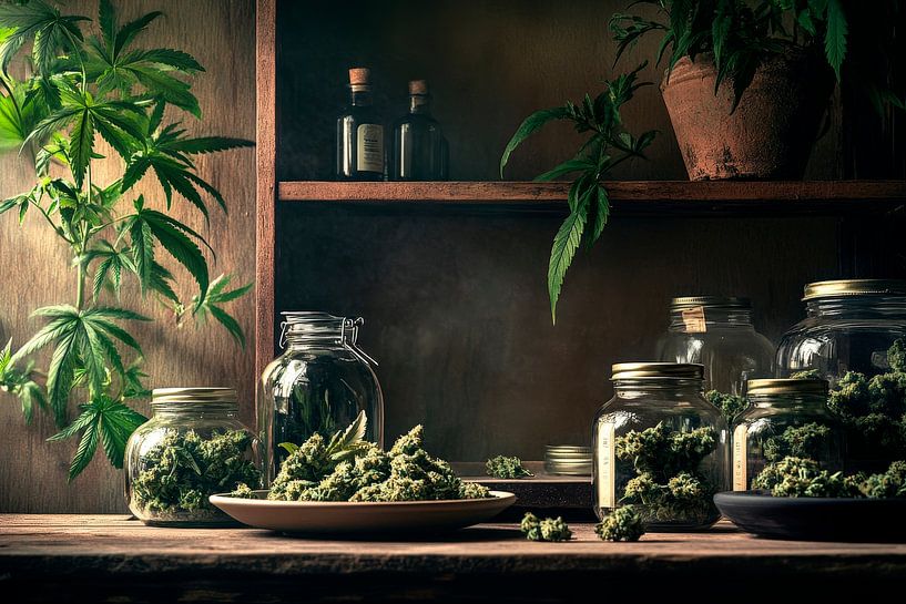 Kräuterregal mit Gläsern und Pflanzen von Poster Art Shop