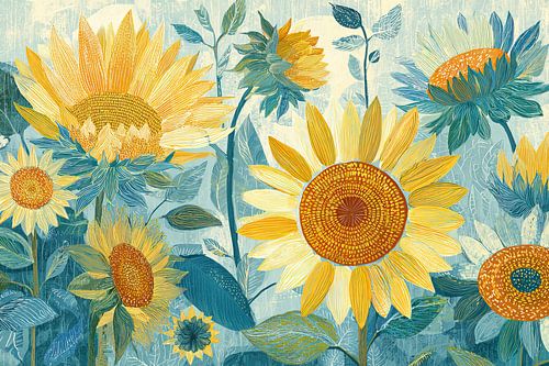 Tournesols joyeux en bleu
