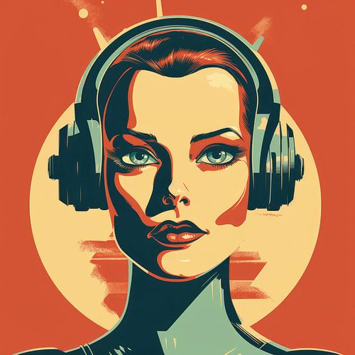 Vrouw in vintage robot sciencefiction poster stijl