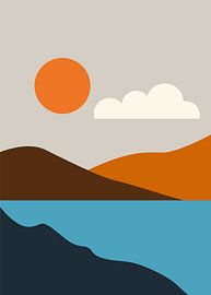Minimalistische abstrakte Landschaftsbilder mit geometrischen Bergen, Sonne und Wasser in Erdtönen.