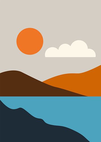 Des reproductions d'art représentant des paysages abstraits minimalistes, avec des montagnes géométriques, le soleil et l'eau, dans des tons ocres.