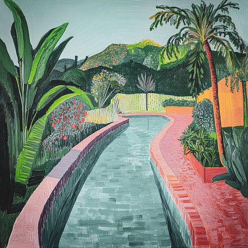 Artwork with tropical garden and meandering water