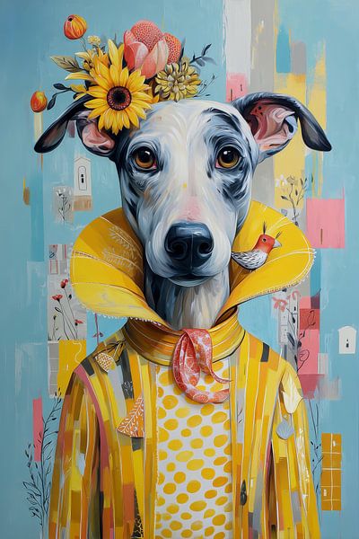 Windhond in een gebloemde outfit van ARTemberaubend