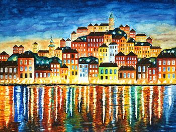 Port coloré la nuit Peinture à l'aquarelle