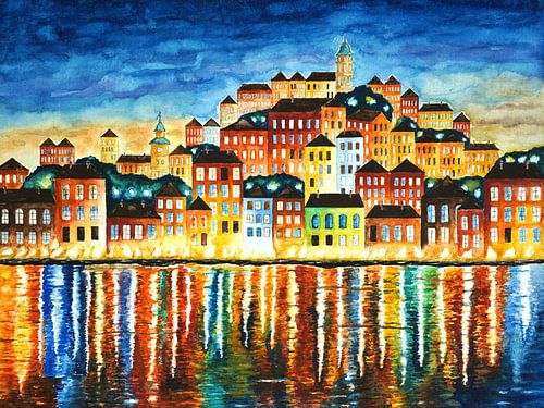 Colourful harbour at night watercolour painting by Siegfried Dahlhaus