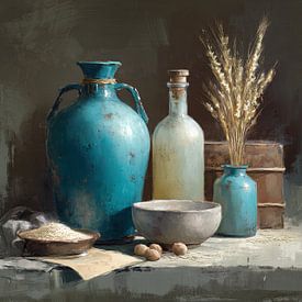 Türkisfarbene Vase | Vase und Weizen von Blickfänger Gemälde