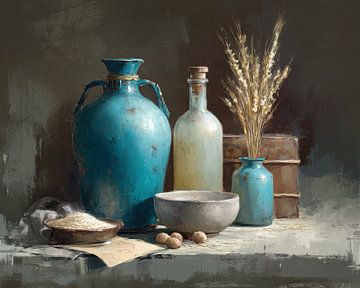 Türkisfarbene Vase | Vase und Weizen von Blickfänger Gemälde